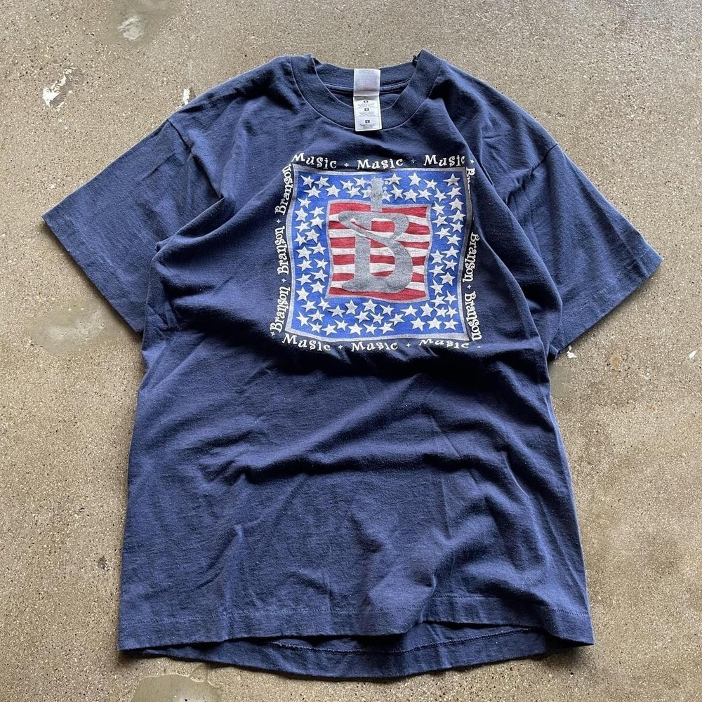 Vintage Branson Music Shirt Mens Large Navy Flag Guitar Graphic Patriotic 90s